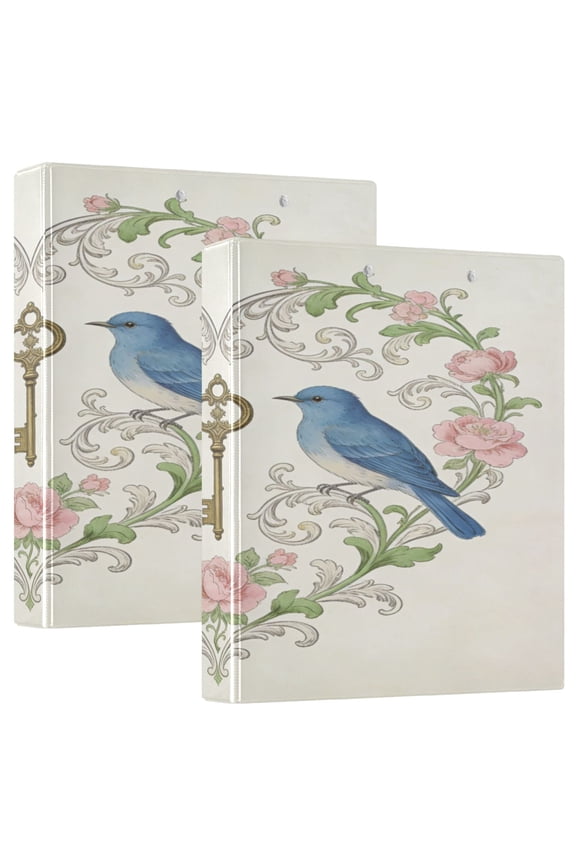 2 Pack PVC Round Ring Binders, 200 Sheet Capacity D-Ring File Folder with Metal Clip and Clear Pocket Flower and Bird Keychain