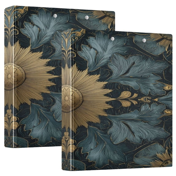 2 Pack PVC Round Ring Binders, 200 Sheet Capacity D-Ring File Folder with Metal Clip and Clear Pocket Gilded Sun Disk