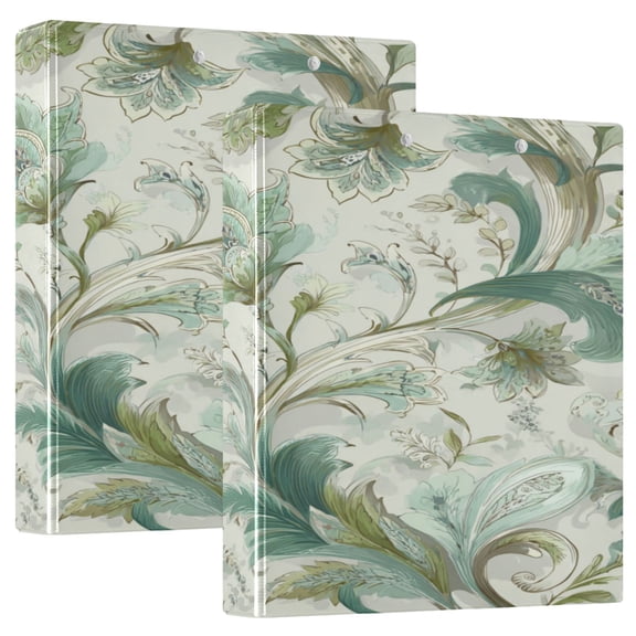 2 Pack PVC Round Ring Binders, 200 Sheet Capacity D-Ring File Folder with Metal Clip and Clear Pocket Green Vine Flower Traces