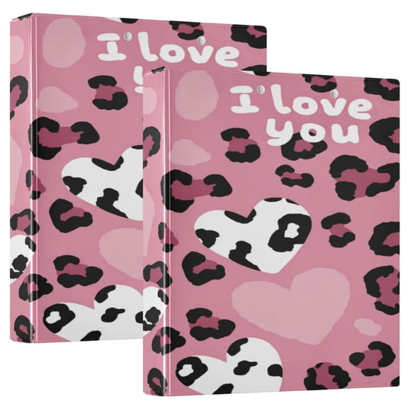2 Pack PVC Round Ring Binders, 200 Sheet Capacity D-Ring File Folder with Metal Clip and Clear Pocket I Love You Leopard Print.