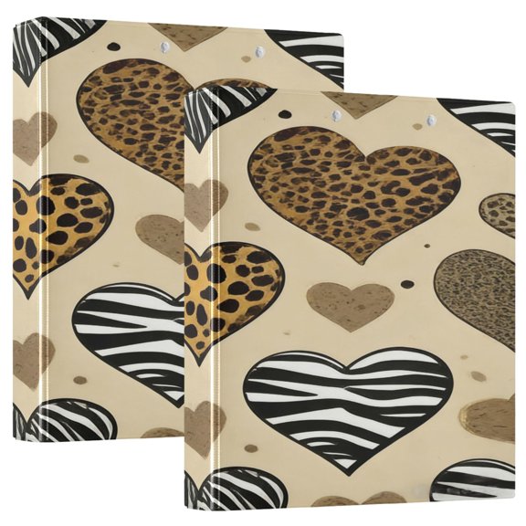 2 Pack PVC Round Ring Binders, 200 Sheet Capacity D-Ring File Folder with Metal Clip and Clear Pocket Leopard Print Heart Shape