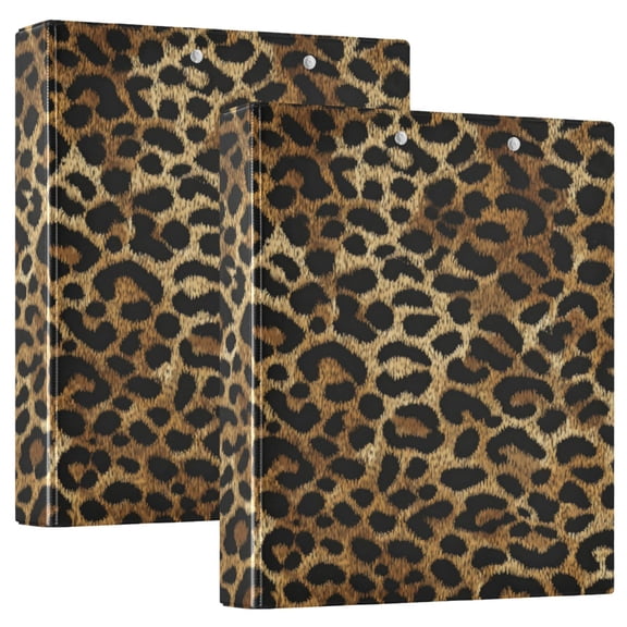 2 Pack PVC Round Ring Binders, 200 Sheet Capacity D-Ring File Folder with Metal Clip and Clear Pocket Leopard Print