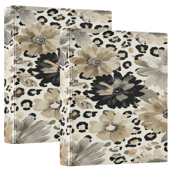 2 Pack PVC Round Ring Binders, 200 Sheet Capacity D-Ring File Folder with Metal Clip and Clear Pocket Leopard Texture