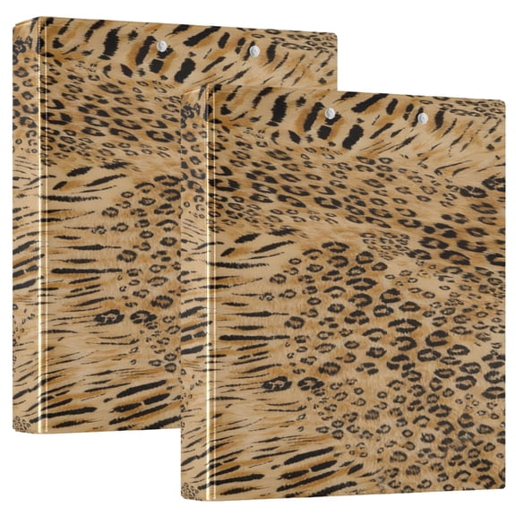 2 Pack PVC Round Ring Binders, 200 Sheet Capacity D-Ring File Folder with Metal Clip and Clear Pocket Leopard-spotted Zebra