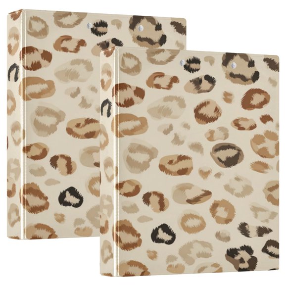 2 Pack PVC Round Ring Binders, 200 Sheet Capacity D-Ring File Folder with Metal Clip and Clear Pocket Modern Leopard Print