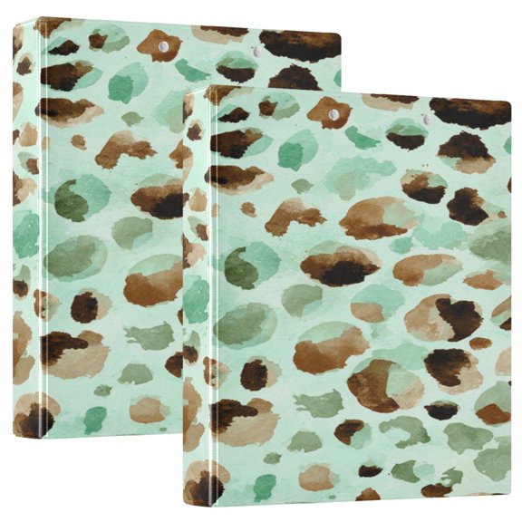 2 Pack PVC Round Ring Binders, 200 Sheet Capacity D-Ring File Folder with Metal Clip and Clear Pocket Peppermint Leopard Print