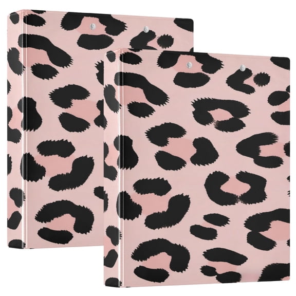 2 Pack PVC Round Ring Binders, 200 Sheet Capacity D-Ring File Folder with Metal Clip and Clear Pocket Pink Leopard Print