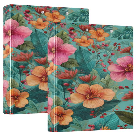 2 Pack PVC Round Ring Binders, 200 Sheet Capacity D-Ring File Folder with Metal Clip and Clear Pocket Richly Colored Flower Clusters