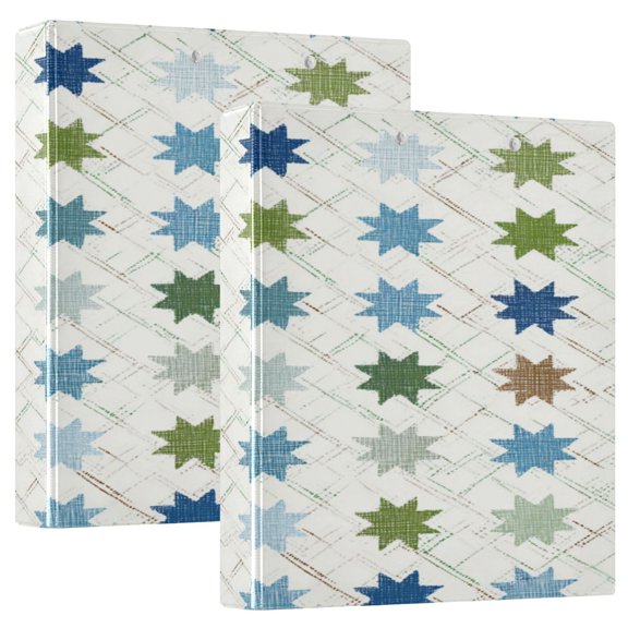 2 Pack PVC Round Ring Binders, 200 Sheet Capacity D-Ring File Folder with Metal Clip and Clear Pocket Rural Star Pattern