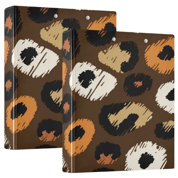 2 Pack PVC Round Ring Binders, 200 Sheet Capacity D-Ring File Folder with Metal Clip and Clear Pocket Texture Leopard Print