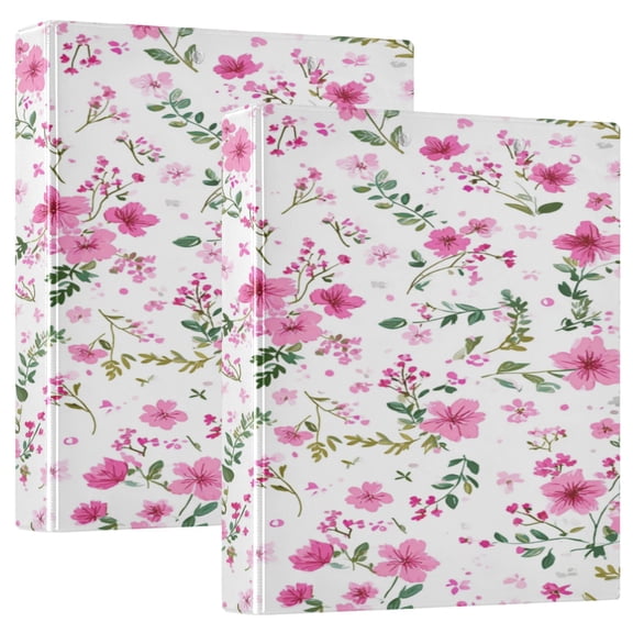 2 Pack PVC Round Ring Binders, 200 Sheet Capacity D-Ring File Folder with Metal Clip and Clear Pocket Wildflower Cluster