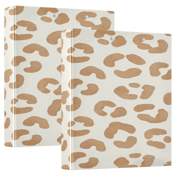 2 Pack PVC Round Ring Binders, 200 Sheet Capacity D-Ring File Light Brown Leopard Print Folder with Metal Clip and Clear Pocket