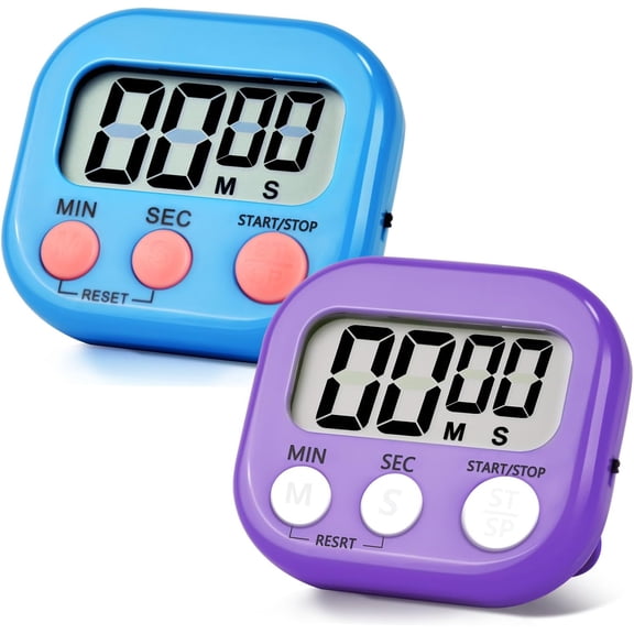 2 Pack Pack Digital Magnc Digital Timer with Big Display Loud Ring Cooking Timers for Cooking, Game, Gym, Break Time, Classroom (2, Blue, Purple)