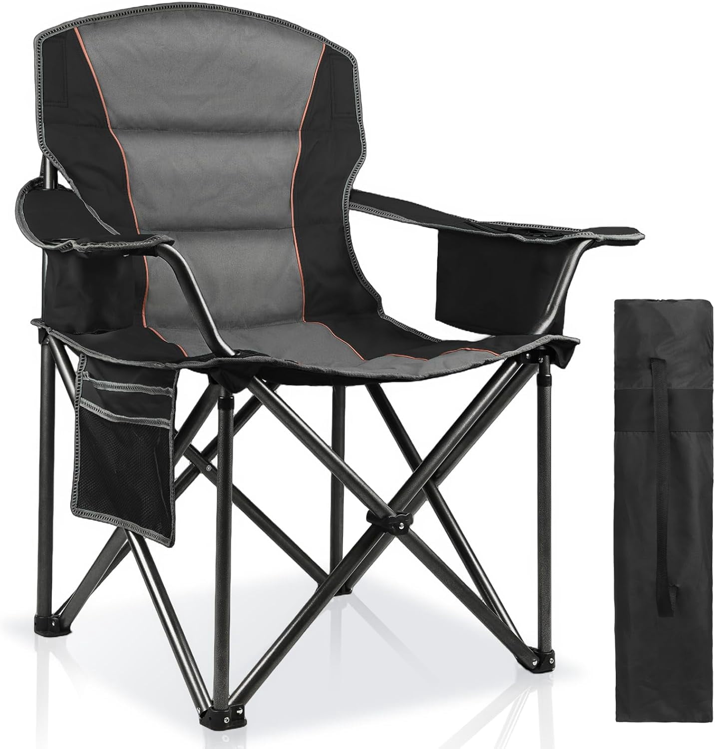 Padded Oversized Camping Chairs for Adults,Heavy Duty Support 400 Lbs,Folding Portable Lawn Chair w/Cup Holder,Cooler Bag,Side Pocket,Perfect for Outdoor Picnic,Hiking(Black)