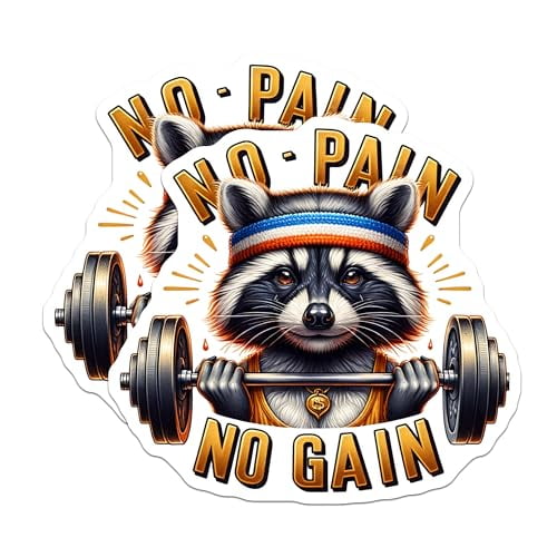 (2 Pack) No Pain No Gain Magnets - Funny Gym Motivational Magnets - Raccoon Weightlifting Art Magnets - 5" On Longest Side - for Cars, Fridges, Toolboxes - Made in USA - MAG4531