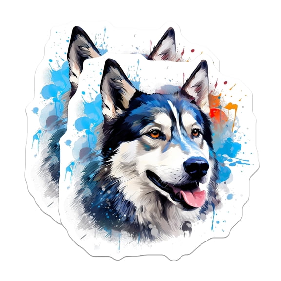 (2 Pack) Paint Splash Husky Stickers - Vibrant Dog Art - Animal Lover Decal - Pet Owner Accessory - 5" On Longest Side - Sticks to Smooth Flat Surfaces - Made in USA - BMCS29639