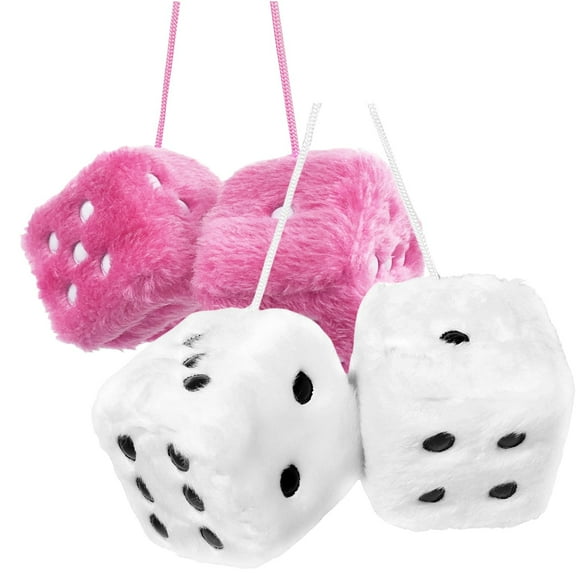 2 Pack Pair 3”of Retro Square Mirror Hanging Couple Fuzzy Plush Dice with Dots for Car Interior Ornament Decoration