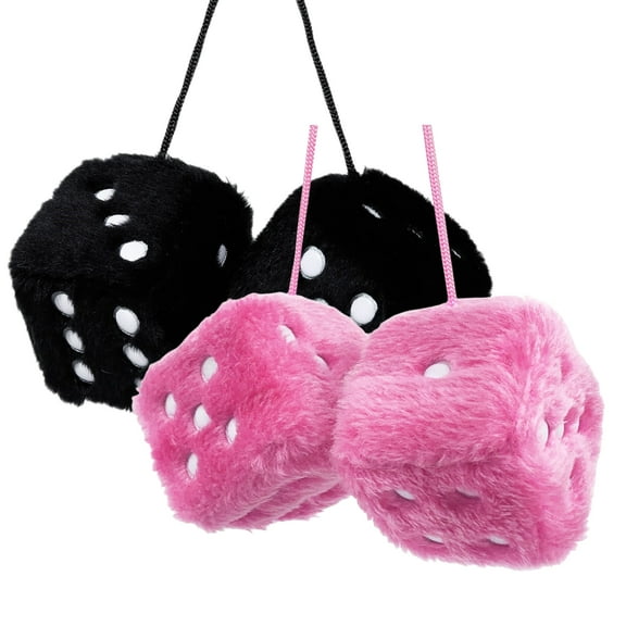 2 Pack Pair 3”of Retro Square Mirror Hanging Couple Fuzzy Plush Dice with Dots for Car Interior Ornament Decoration