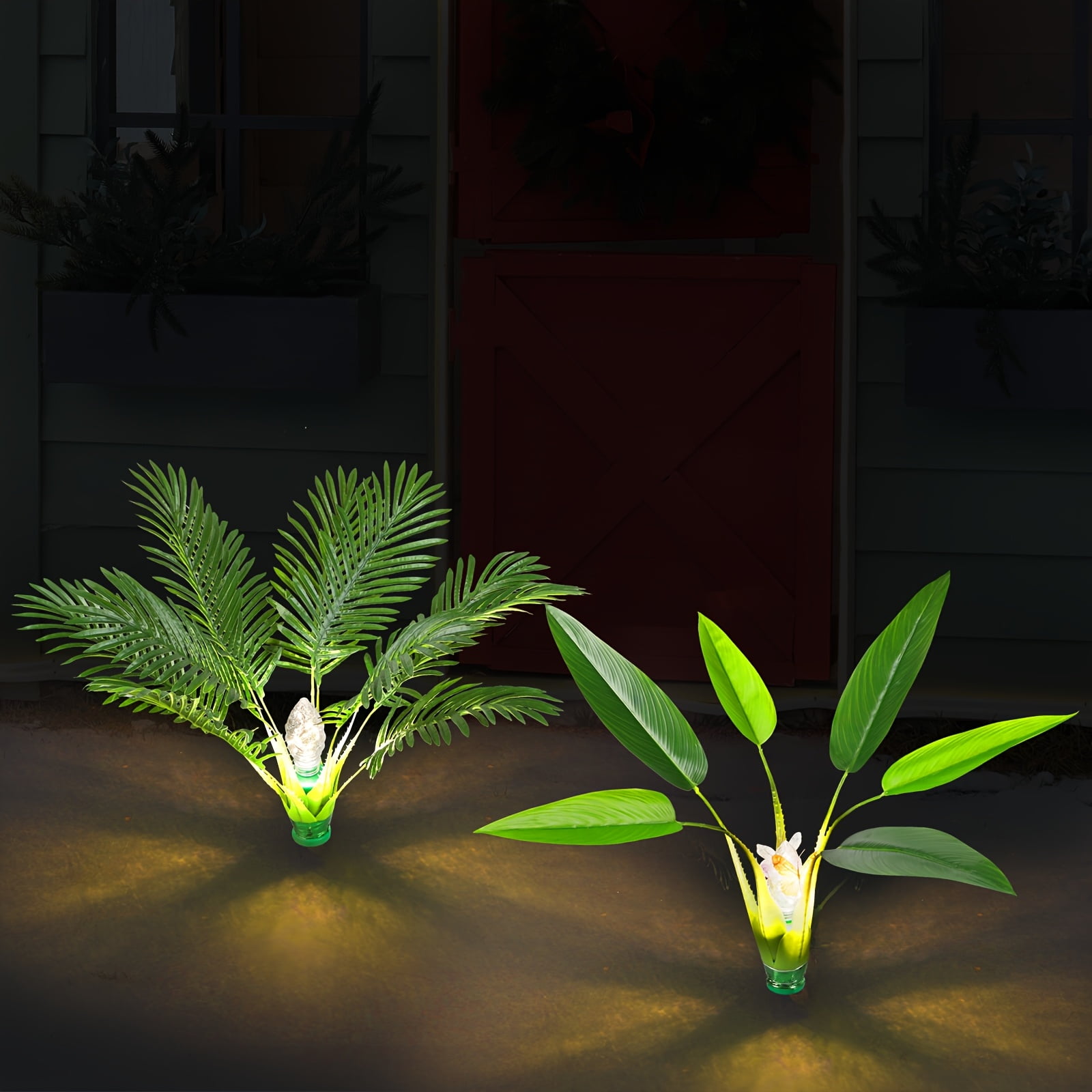 2 Pack Palm Tree Artificial Plants Outdoor With Solar Light 25" Prelit  Tree With Spike Pathway Light With 8 Lighting Modes For Xmas Decoration Yard Patio Garden Walkway Sidewalks Landscape