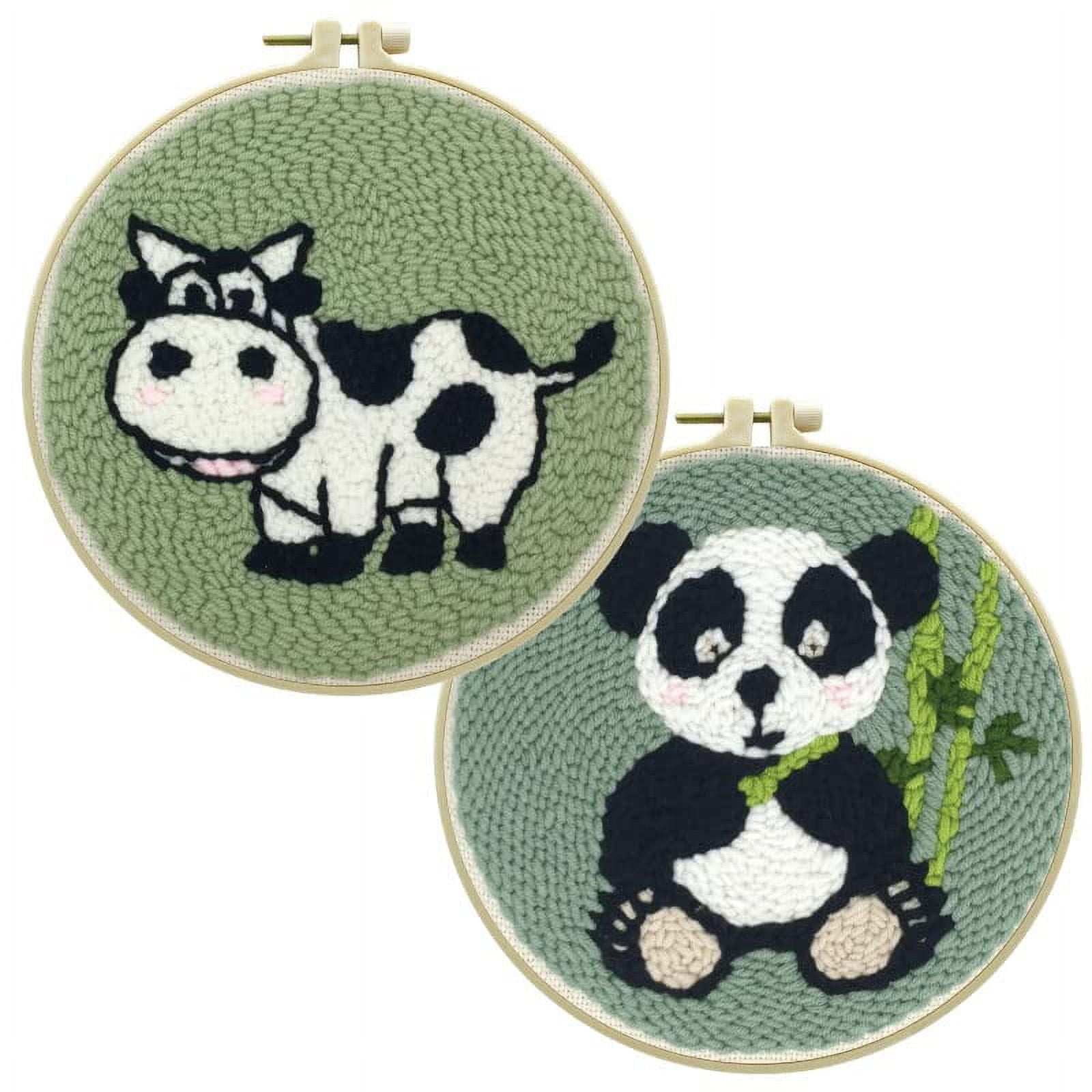 2 Pack Panda,Dairy Cow Easy Punch Needle Embroidery Starter Kits for Kids and Adults Beginners with Punch Needle Tool,Threader, Stamped Fabric Embroidery,Hoop,Pen, Punch Needle Kits