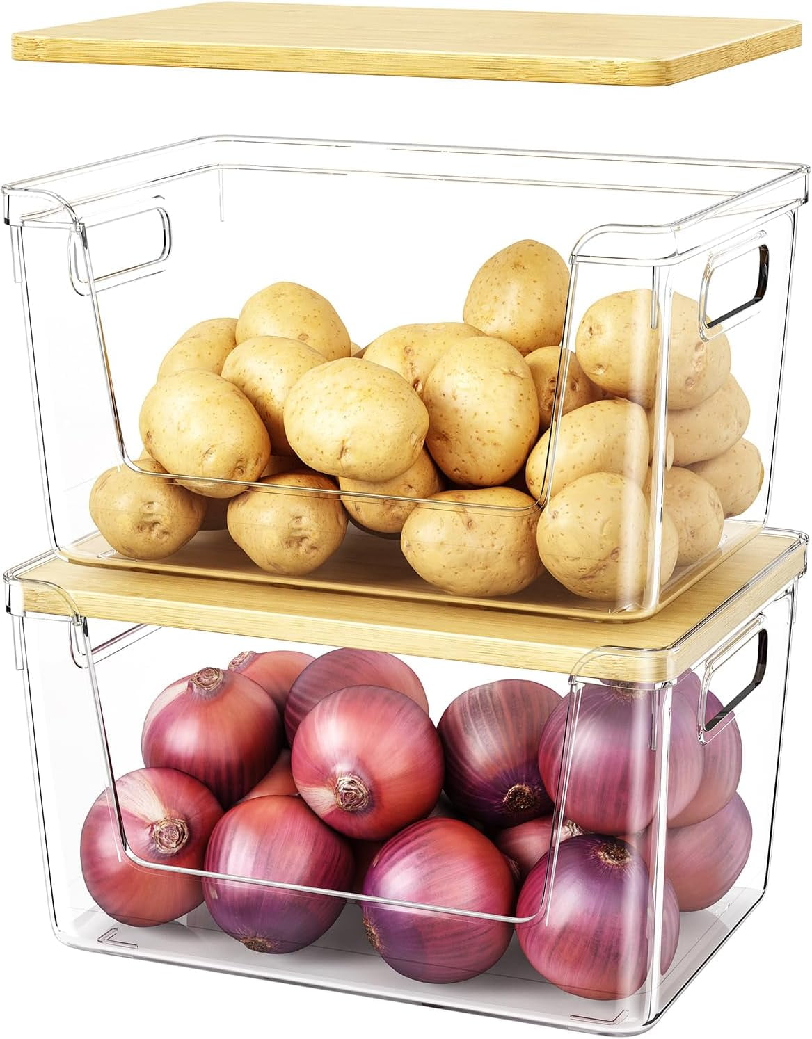 2-Pack Pantry Organizer and Stackable Storage Kitchen Baskets, Sturdy and Durable Storage Basket for Potato, Onion, Garlic, Fruit, Vegetable, Produce, Clear Plastic Storage with Lid and Handle