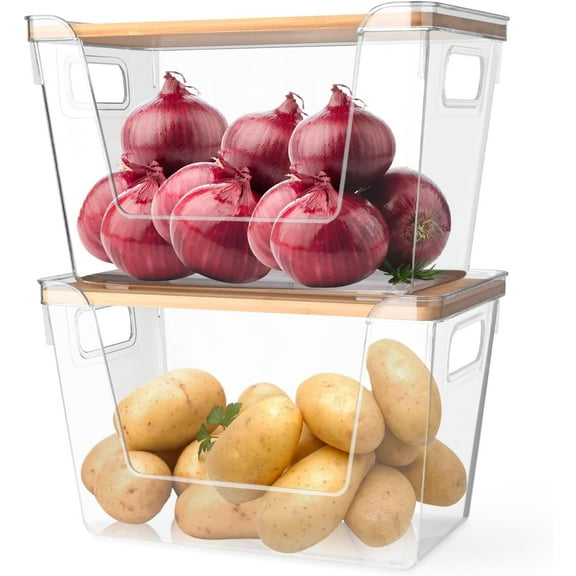 2 Pack Pantry Organizers Storage for Kitchen, Storage Bins with Bamboo Lids, Large Capacity, Clear Stackable Storage Containers forHome, Cabinet, Shelf, Food Storage & Fridge Organization