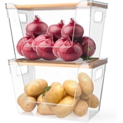 2 Pack Pantry Organizers Storage for Kitchen, Storage Bins with Bamboo Lids, Large Capacity, Clear Stackable Storage Containers forHome, Cabinet, Shelf, Food Storage & Fridge Organization