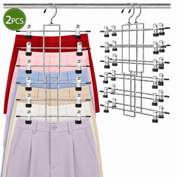 2 Pack Pants Hangers with Clips,Space Saving Hanging Closet Organizer-6 Tiers Skirt Hangers with 360 Swivel Hook,Closet Organizer-Clothes Hangers- College Dorm Essentials Apartment Essentials
