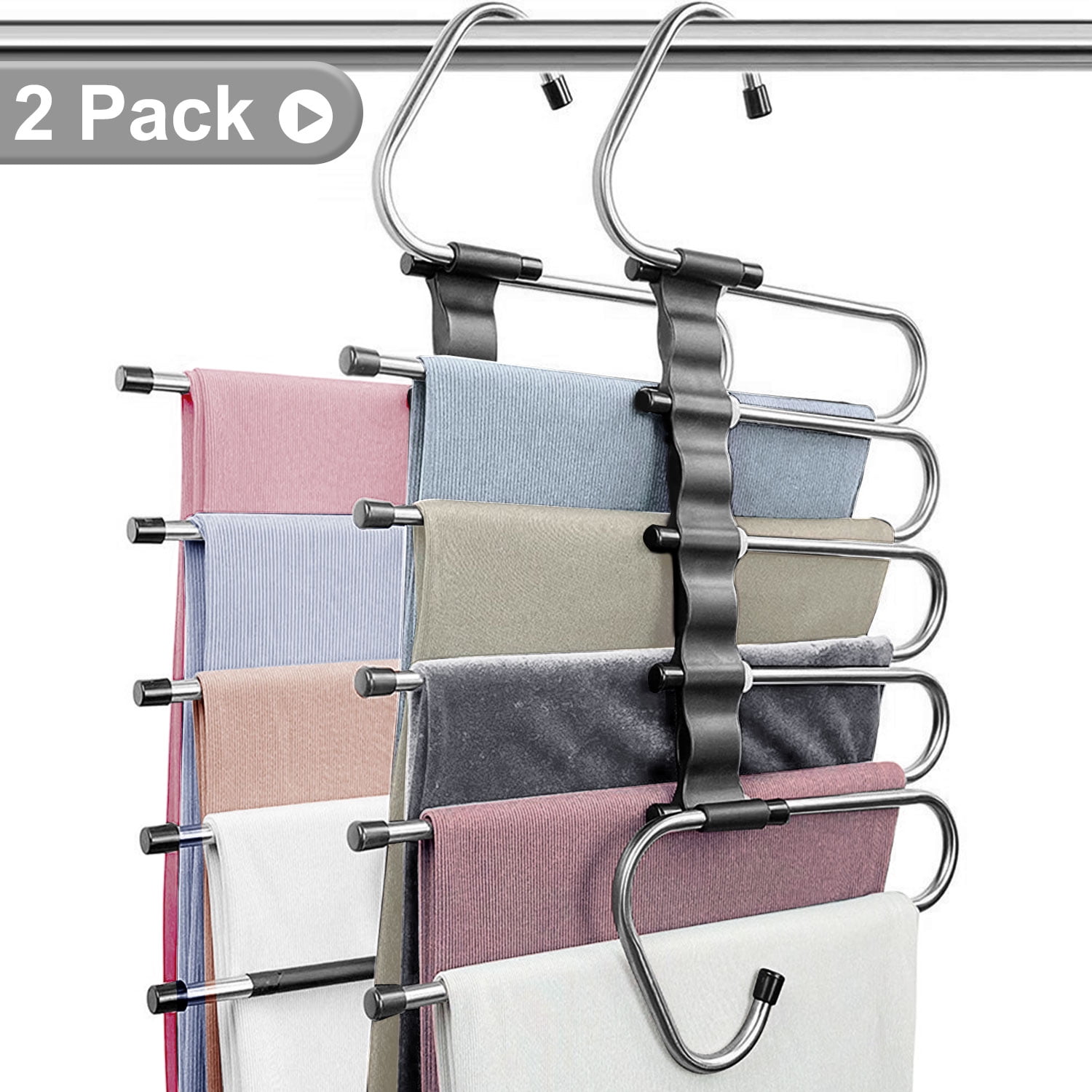HouseKe 2-Piece Magic Pants Hangers, Space Saving Closet Hangers 5 Layers 2  Uses Multi Functional Pants Rack,Clothes Organizer Rack for Clothes