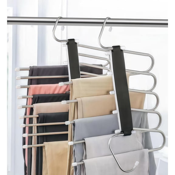 2 Pack Pants Hangers Space Saving Clothes Hangers 5 Layers, Non Slip Pant Hanger for Closet Organizers and Storage, Stainless Steel Jean Hangers Multifunctional Pant Rack for Trouser, Scarf, Skirt