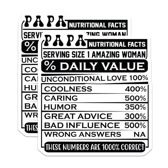 (2 Pack) Papa Nutritional Facts Stickers - Dad Humor Stickers - Father's Day Stickers - 5" On Longest Side - Sticks to Smooth Flat Surfaces - Made in USA - BMCS15788
