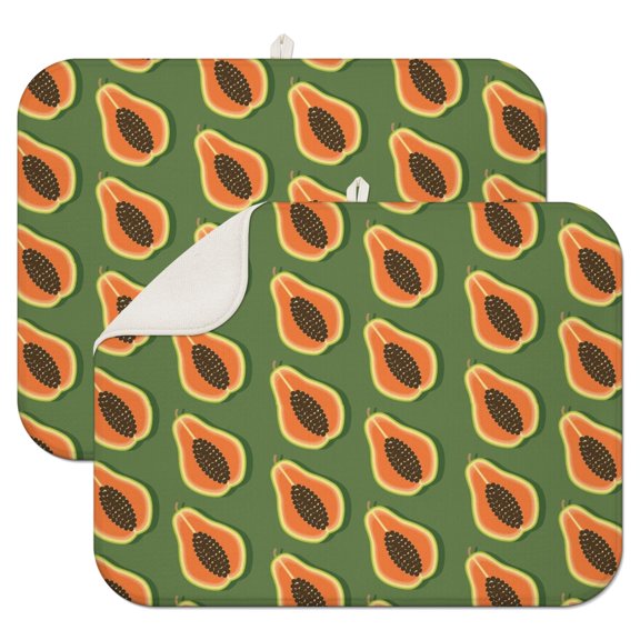 2 Pack Papaya Print Kitchen Drying Mats Super Absorbent Microfiber Dish Drying Mat with Tropical Fruit Design, Heat Resistant & Foldable Countertop Protector for Sink (18"x16")