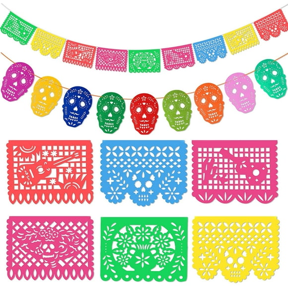 2 Pack Fiesta Banner Colorful Felt Papel Picado Banner for Party Cinco de Mayo Day of the Dead Fiesta Party Decorations Supplies