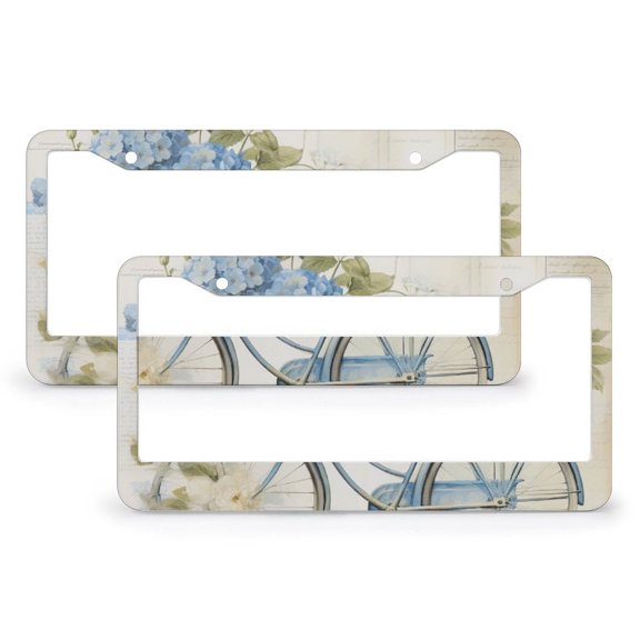 2 Pack Paper Flowers with Blue Bicycle License Plate Frame Vintage Bicycle Bike Spring Flower Auto Decorative Frames Cars Protector Cover Holder Quality Aluminum Funny Cute for USA Canada Vehicles