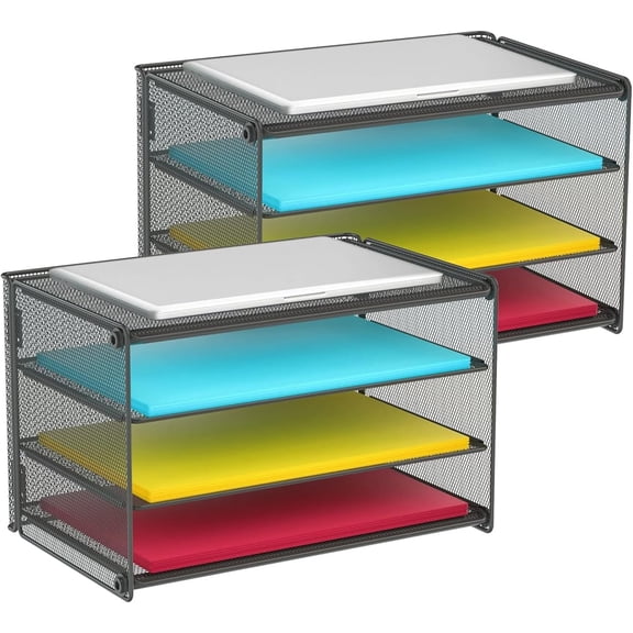 2 Pack Paper Letter Tray, 3-Tier Desk File Organizer Paper Sorter Letter Shelf Rack, Mesh Made,Black