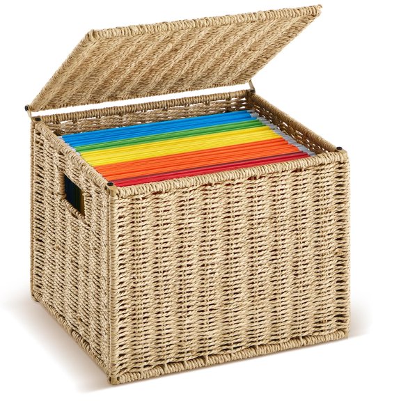 2 Pack Paper Rope File Box Organizers Collapsible Letter Size Filing Cabinet with Lid Woven Hanging File Basket Portable Decorative Document Storage Box for Office/Decor/Home (Letter Size)