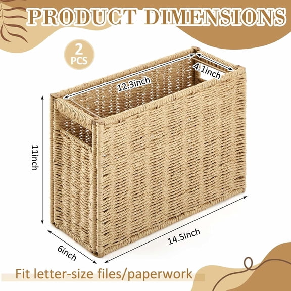 2 Pack Paper Rope Hanging File Box 14.5 x 6 x 10.8 Inch File Folder Organizer with Handle Portable Collapsible Letter Size Woven Hanging Filing Box for Office Home Document (Paper Rope)