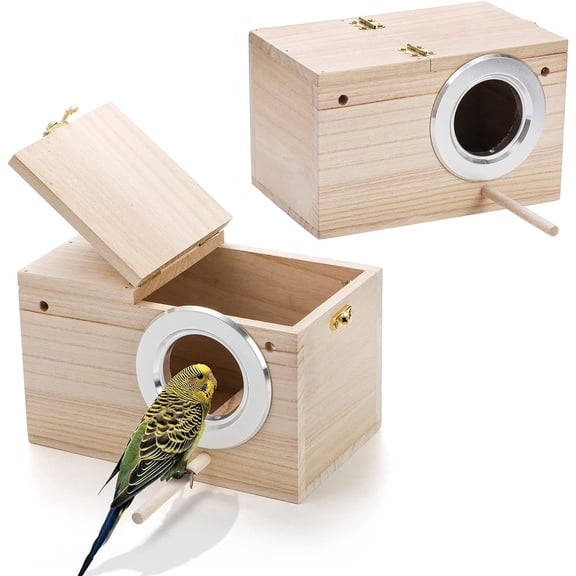 2 Pack Parakeet Nest Box, Natural Wood Bird Nesting Box, Small Bird House Breeding Box for Budgie Lovebirds, Cockatiel, Parrots Mating, Aviary, 7.74.74.7 Inches
