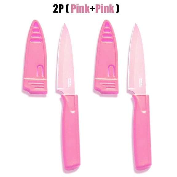 VIEROLA Paring Knife with Safety Sheath, 4 inch Stainless Steel Fruit Knife, Nonstick Coated - 2 pack (Pink)
