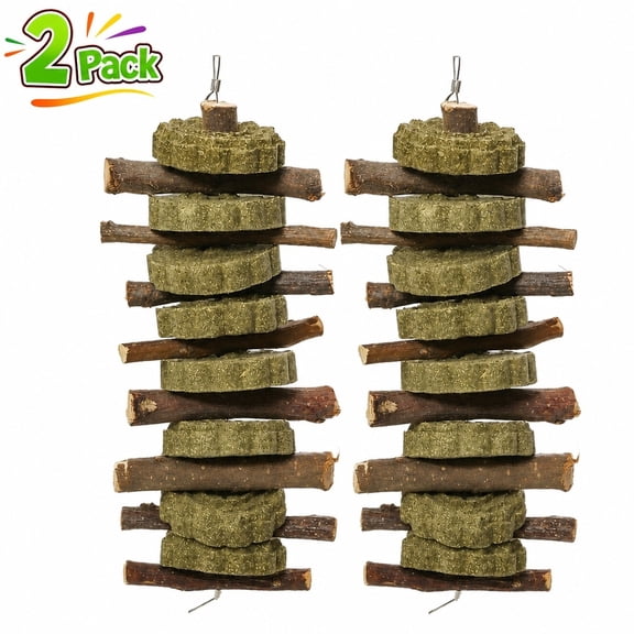 2 Pack Parrot Chew Toys, Natural Grass Cake & Wood, Play Chew Toy for Pet Parrots in Cage