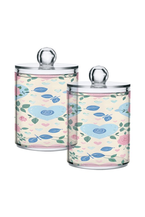 2 Pack Pastel Hearts and Roses Qtip Holder Dispenser Clear Plastic Storage Apothecary Jars for Cotton Swabs Balls Pads Floss