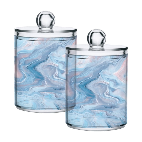2 Pack Pastel Pink Blue Marble Qtip Holder Dispenser Clear Plastic Storage Apothecary Jars for Cotton Swabs Balls Pads Floss