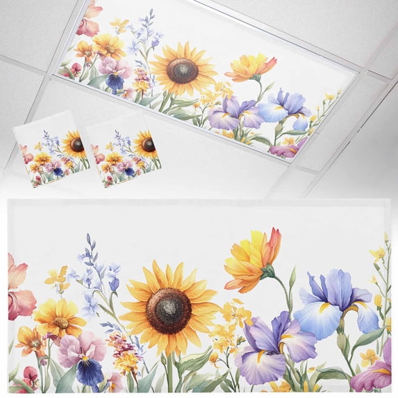 2 Pack Pastoral Flowers Fluorescent Light Covers for Ceiling Lights Summer Sunflower Plants Leaves Magnetic Ceiling Light Covers Overhead Light Filters for Office Classroom Home