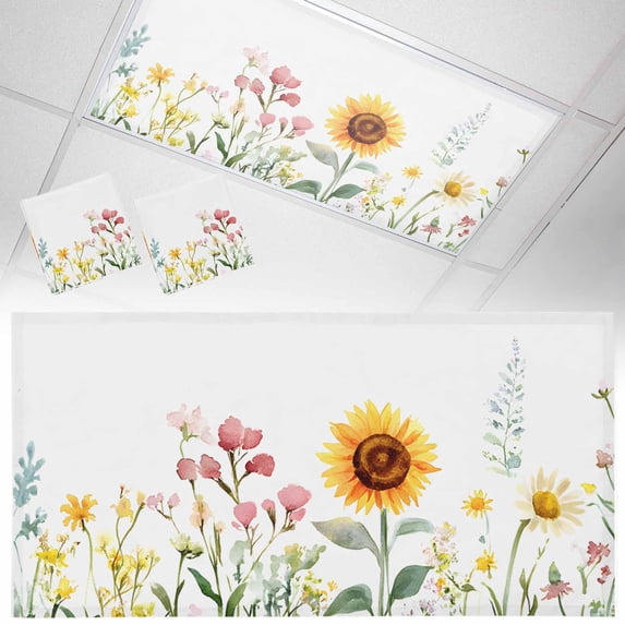 2 Pack Pastoral Flowers Fluorescent Light Covers for Ceiling Lights Sunflower Plants Leaves Magnetic Ceiling Light Covers Overhead Light Filters for Office Classroom Home