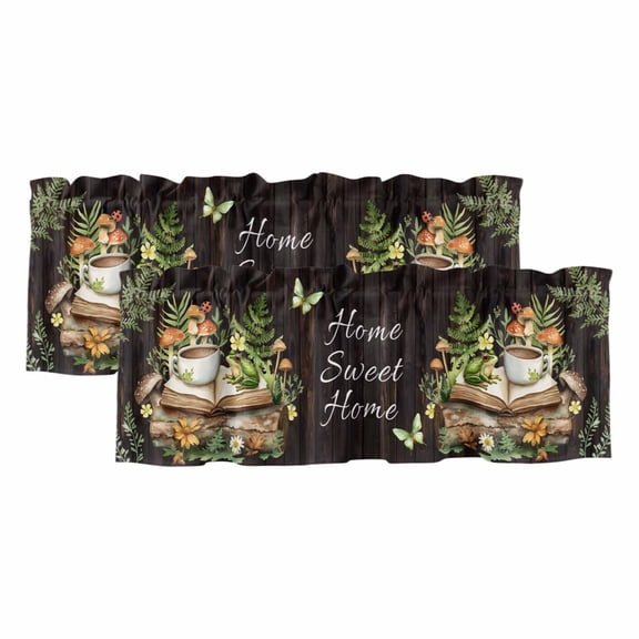 2 Pack Pastoral Plant Valance for Window Home Sweet Frog Butterfly Coffee Book Kitchen Valance Rod Pocket Short Curtain Topper Decorative Window Treatment for Living Room Bedroom 42"x12"