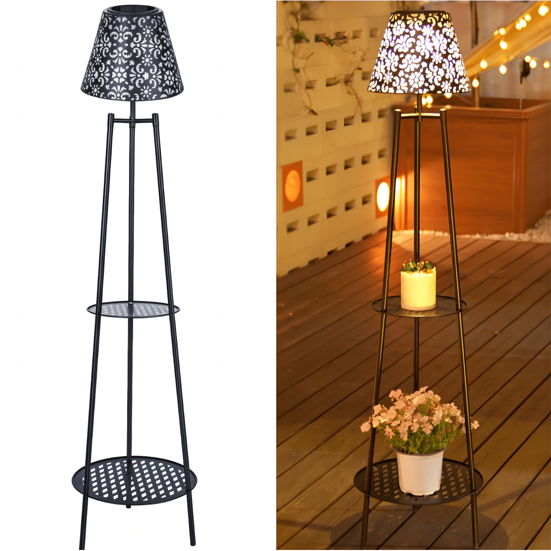 Set of 2 Patio decor solar outdoor lantern lights waterproof floor lamp with plant stand for Yard Garden Porch decorations.