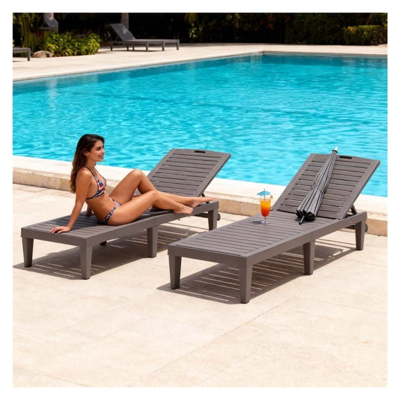 2-Pack Patio Lounge Chairs - 5-Position Adjustable Backrest Outdoor Lounger, Waterproof PP Pool Chair for Garden Beach Deck Sunbathing, All-Weather Patio Furniture