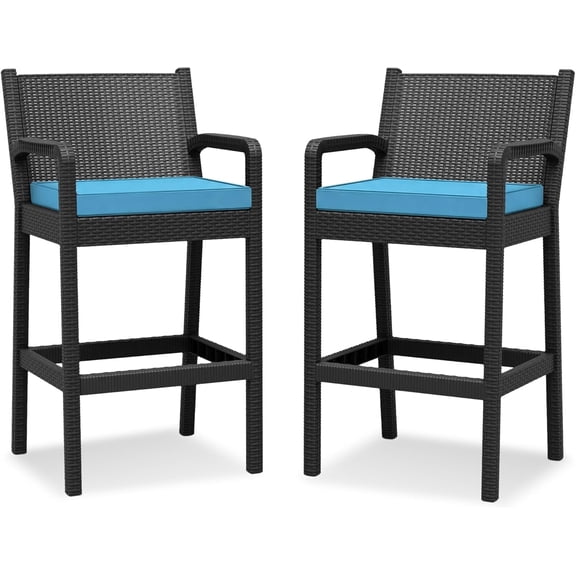 2 Pack Patio Wicker Bar Stools, 30'' Counter Height Barstools with Backrest, Footrest & Thickened Cushions, All-Weather Rattan Bar Chairs for Backyard, Poolside, Balcony, Blue