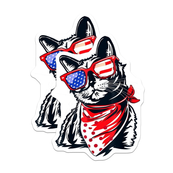(2 Pack) Patriotic Cat Stickers - American Flag Sunglasses - Fourth of July Decals - USA Feline Lover - Cool Animal Art - 5" On Longest Side - Sticks to Smooth Flat Surfaces - Made in USA - BMCS25943