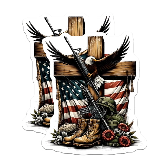 (2 Pack) Patriotic Military Stickers - Eagle with Flag - American Pride Decals - 5" On Longest Side - Sticks to Smooth Flat Surfaces - Made in USA - BMCS14925